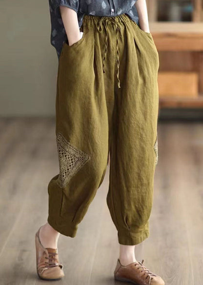 Khaki Lace Patchwork Linen Crop Pants Elastic Waist Fall