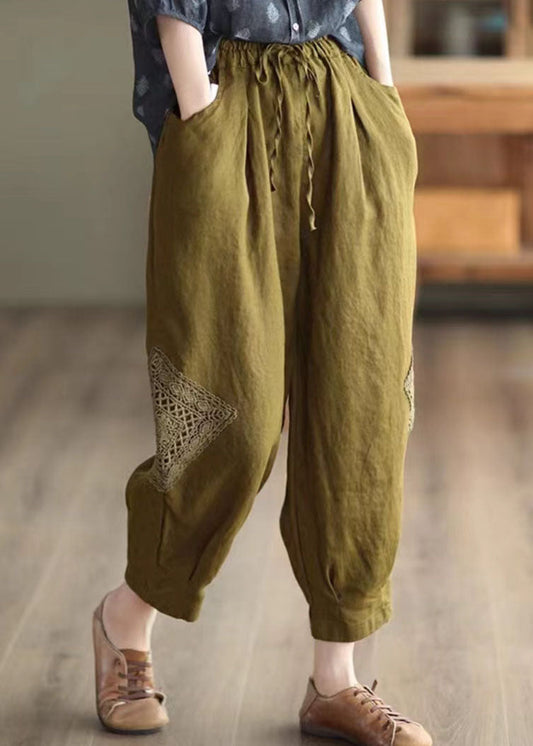 Khaki Lace Patchwork Linen Crop Pants Elastic Waist Fall