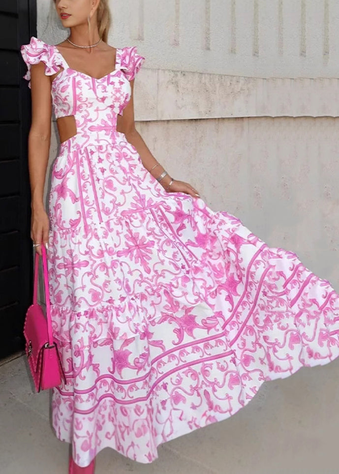 Pink Print Hollow Out Cotton Long Dresses Summer
