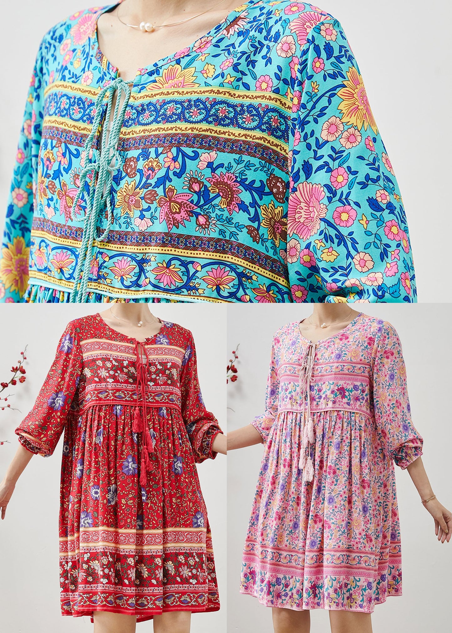 Fine Pink Tasseled Print Cotton Beach Dresses Fall