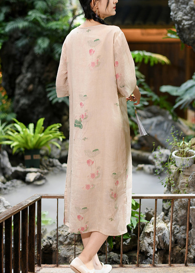 New Pink O Neck Print Linen Long Dress Summer