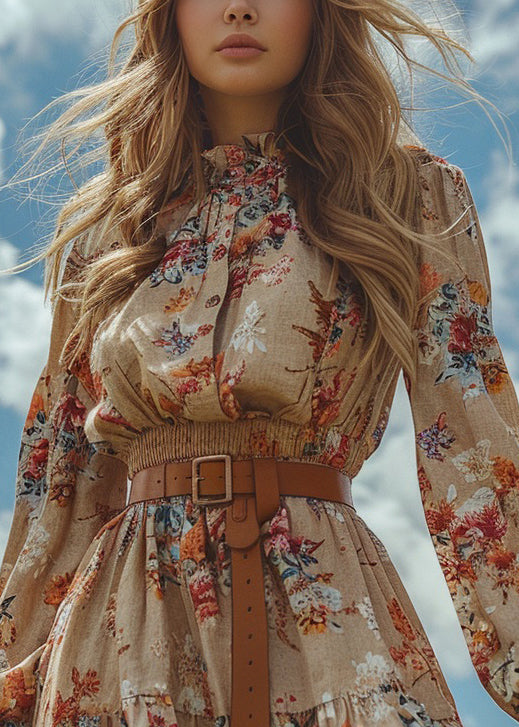 Ruffled Print Patchwork Cotton Mini Dress Long Sleeve