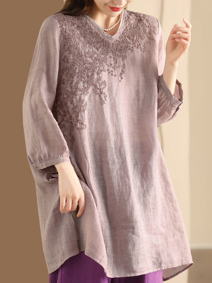 Summer Artsy Embroidery Ramie Long Shirt