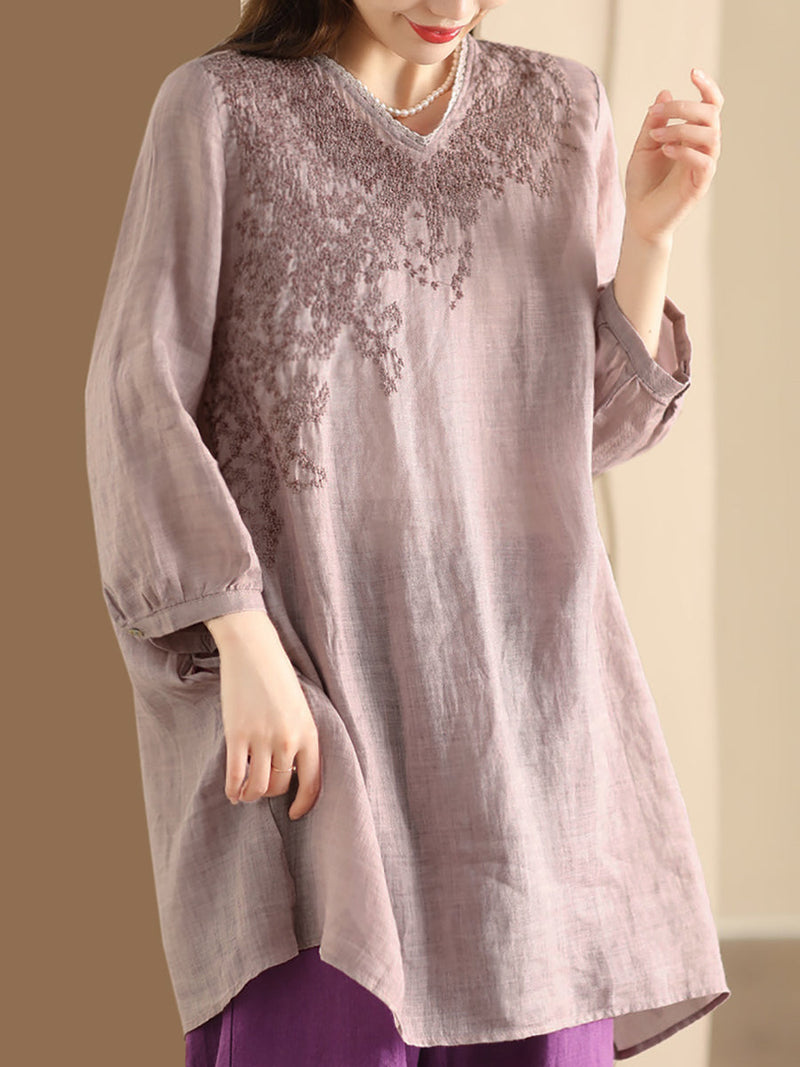 Summer Artsy Embroidery Ramie Long Shirt