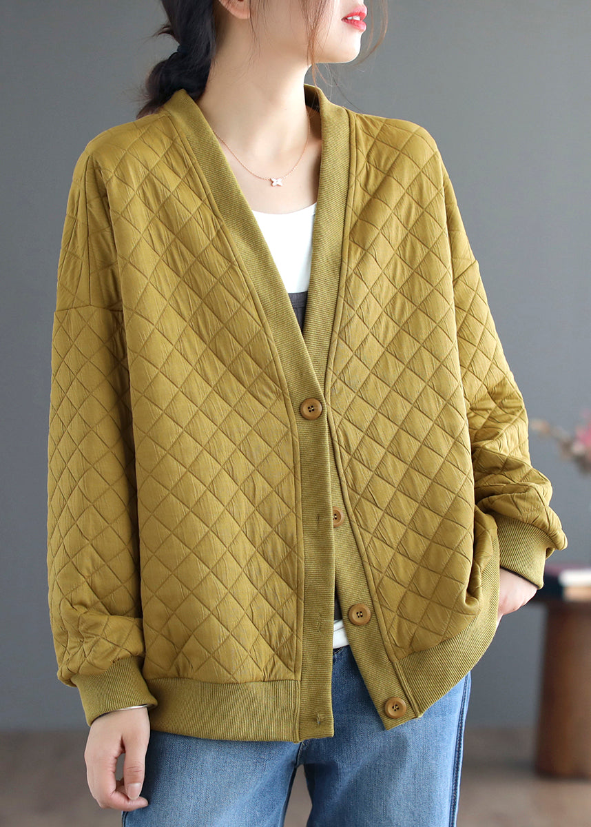 Yellow V Neck Button Cotton Cardigan Coats Fall