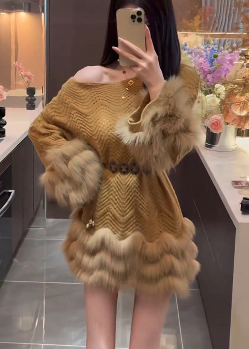 Brown Cold Shoulder Patchwork Faux Fur Sweater Dress Spring