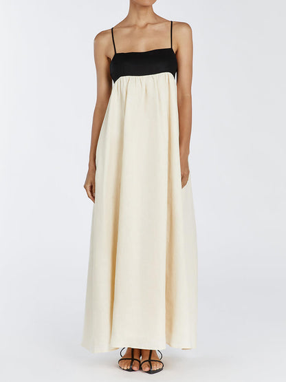 Black and White Loose Suspender Patchwork Maxi Dress