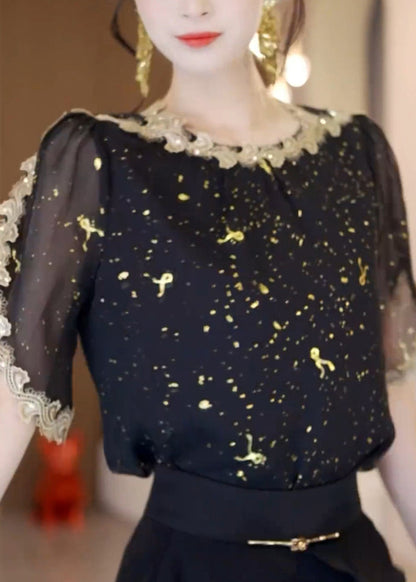 Handmade Black O-neck Lace Patchwork Chiffon Shirt Summer