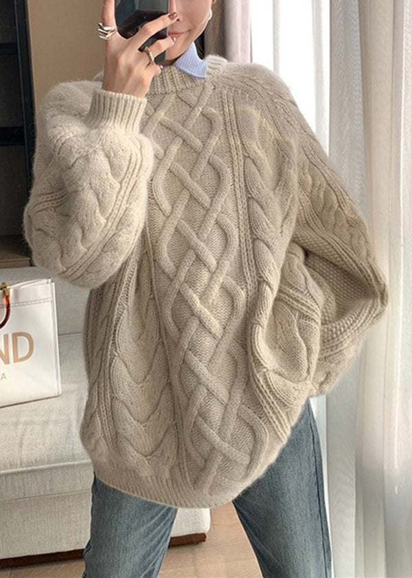 Apricot O Neck Thick Cotton Knit Sweater Fall