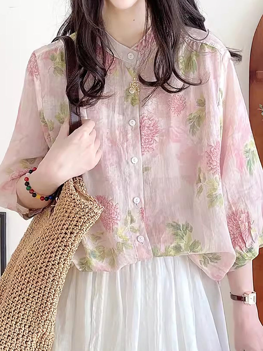Summer Flower Ramie Button-up Shirt