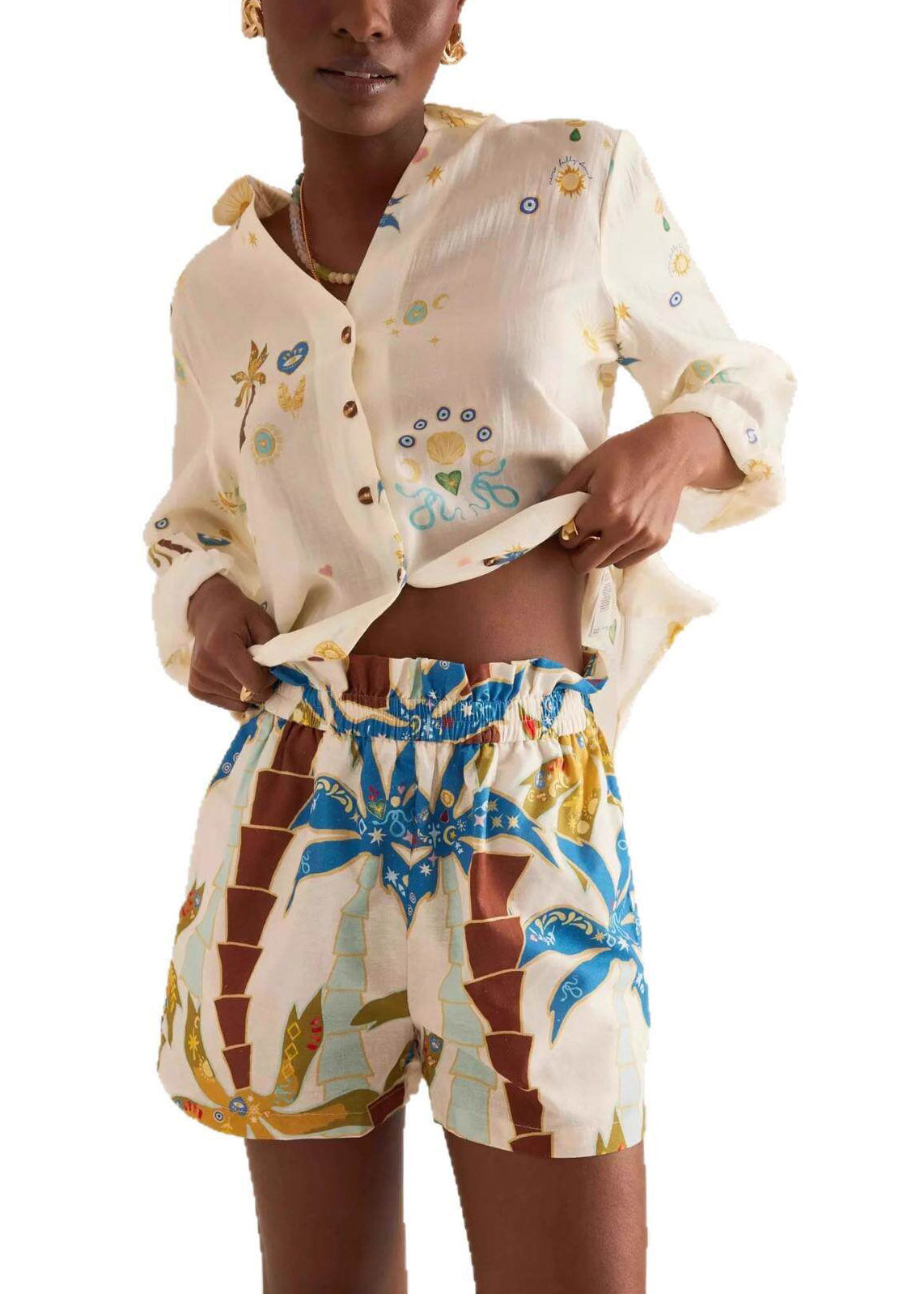 Multicolor Peter Pan Collar Print Shirts and Shorts Two Pieces Set Spring
