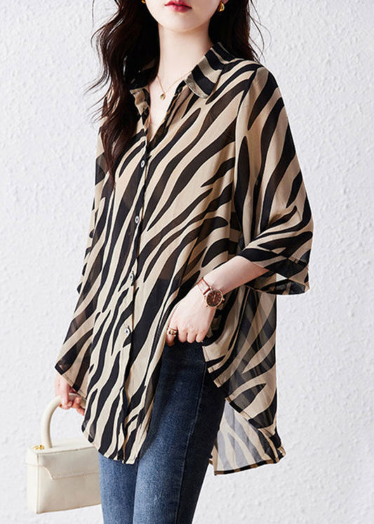 Brown Oversized Striped Chiffon Shirt Top Summer