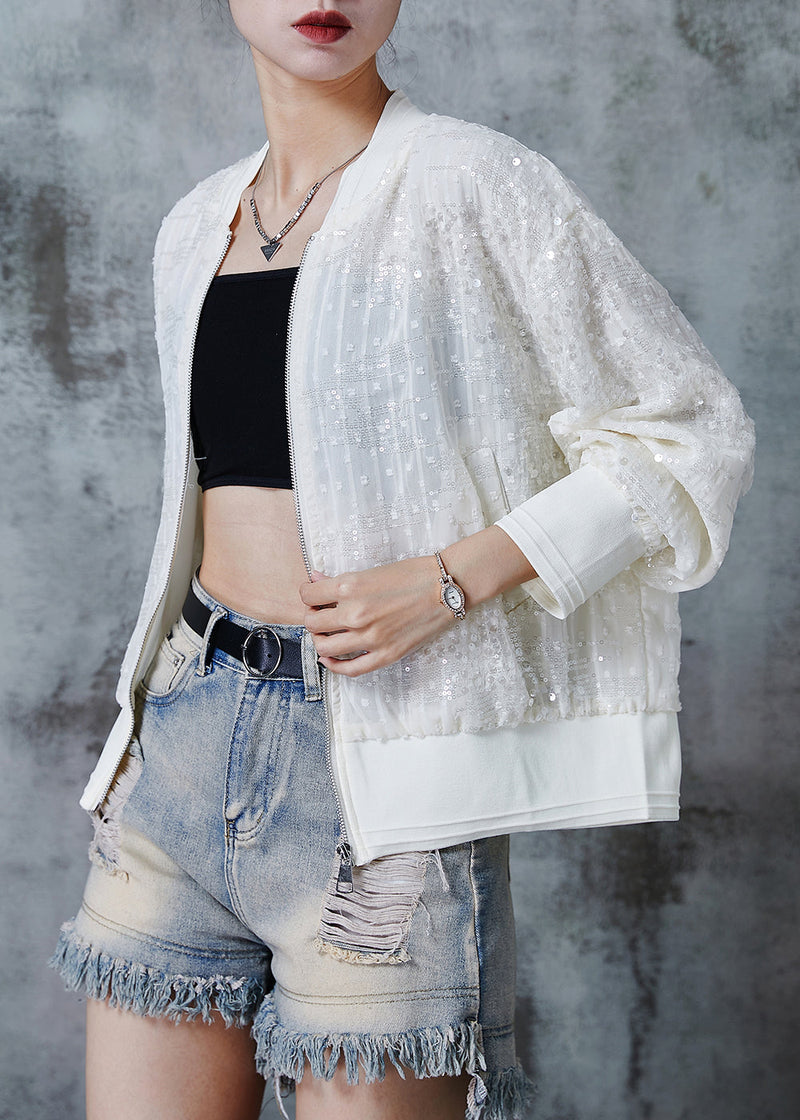 Beige Sequins Pockets Cotton Jackets Summer