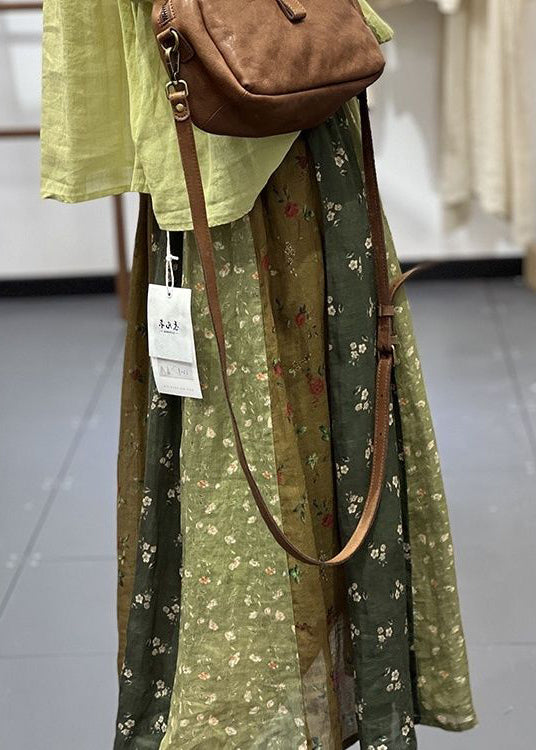 Diy Green Print Wrinkled Elastic Waist Linen Skirt Spring