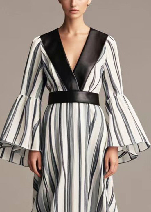 Black Striped Patchwork Cotton Cinched Dresses Flare Sleeve