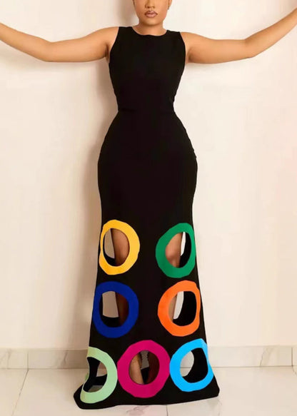 Black O-neck Hollow Out Maxi Dresses Sleeveless