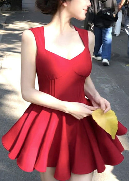 New Red V Neck Zippered Cotton Mini Dresses Sleeveless