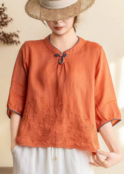 Orange Stand Collar Embroidered Linen Shirt Summer