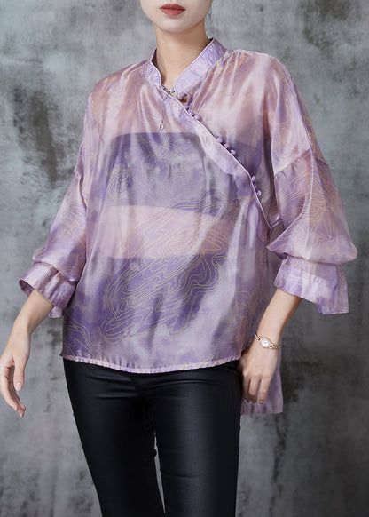 Purple Print Low High Design Silk Blouses Summer