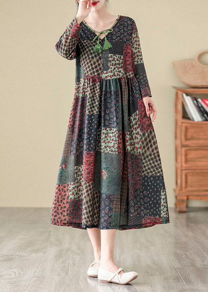 V Neck Print Patchwork Cotton Long Dress Fall