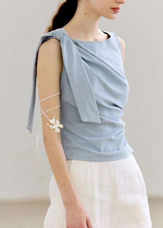 Red Slash Neck Bow Wrinkled Top Sleeveless