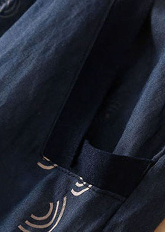 Navy Wrinkled Pockets Patchwork Linen Skirts Summer