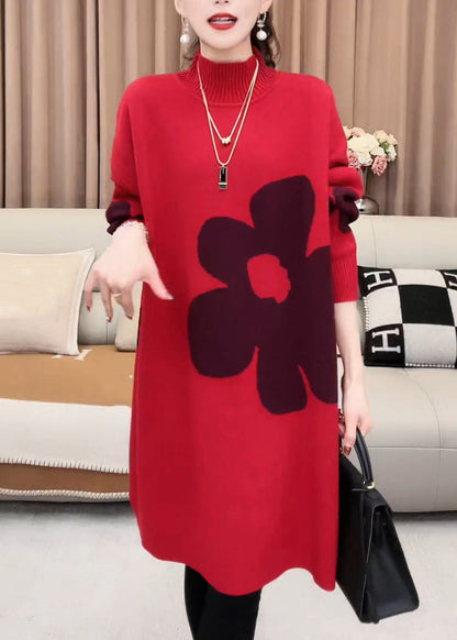 Red Turtleneck Cozy Knit Sweater Dress Winter