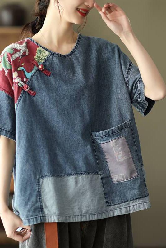 Denim Cotton Patchwork Pocket T-shirt