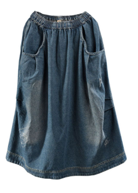 Blue Elastic Waist Pockets Patchwork Fall Denim Skirt