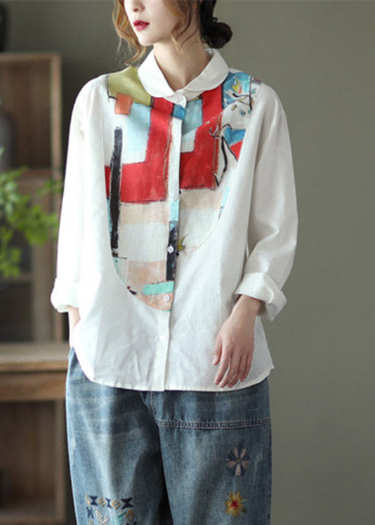 White Peter Pan Collar Print Button Linen Shirt Long Sleeve