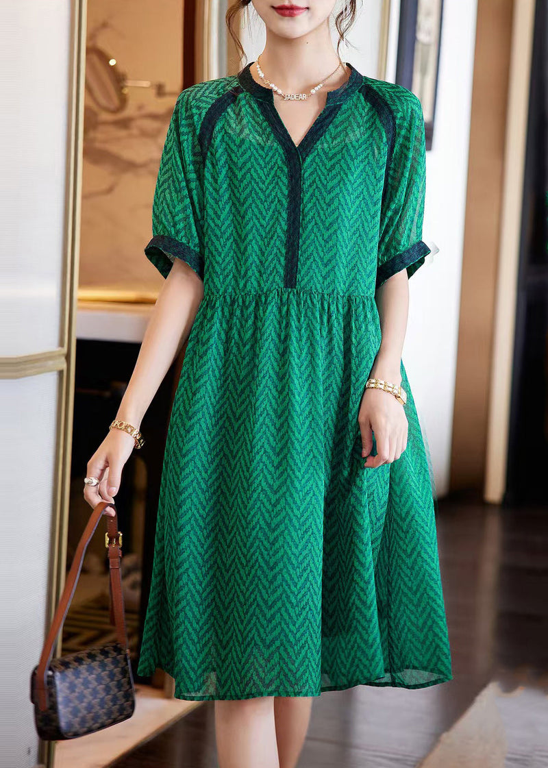 Green V Neck Print Chiffon Holiday Dress Summer