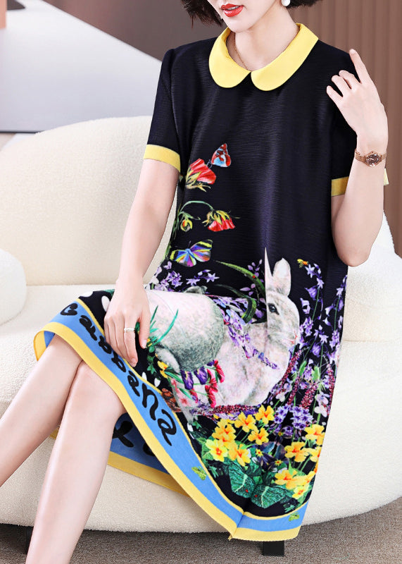 Black O-neck Print Long a Line Dress Short Sleeve