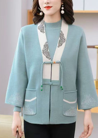 Light Blue V Neck Print Tassel Cotton Knit Cardigans and Sweaters Two Pieces Set Fall