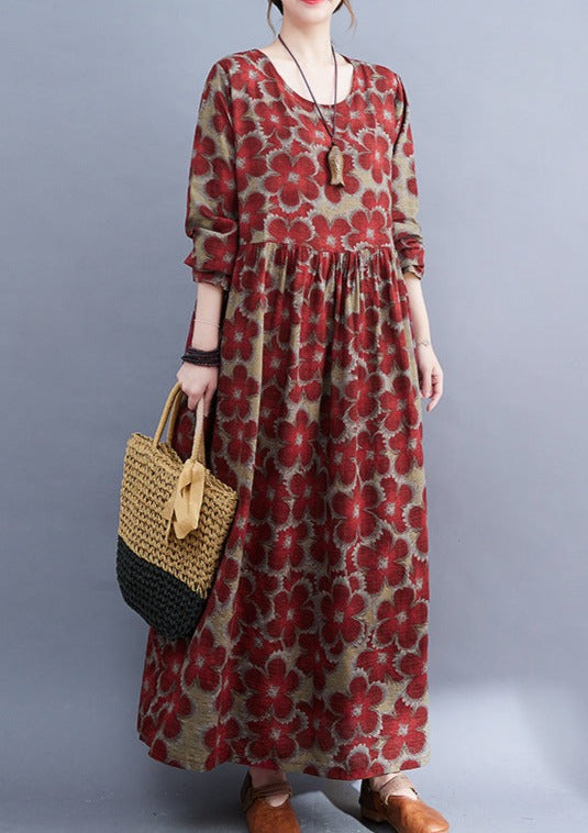 Loose Cotton and Linen Print Dress Long Sleeve