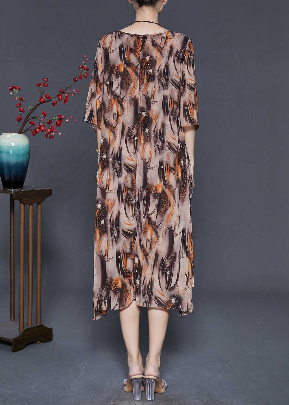 Khaki Oversized Print Chiffon Vacation Dresses Summer