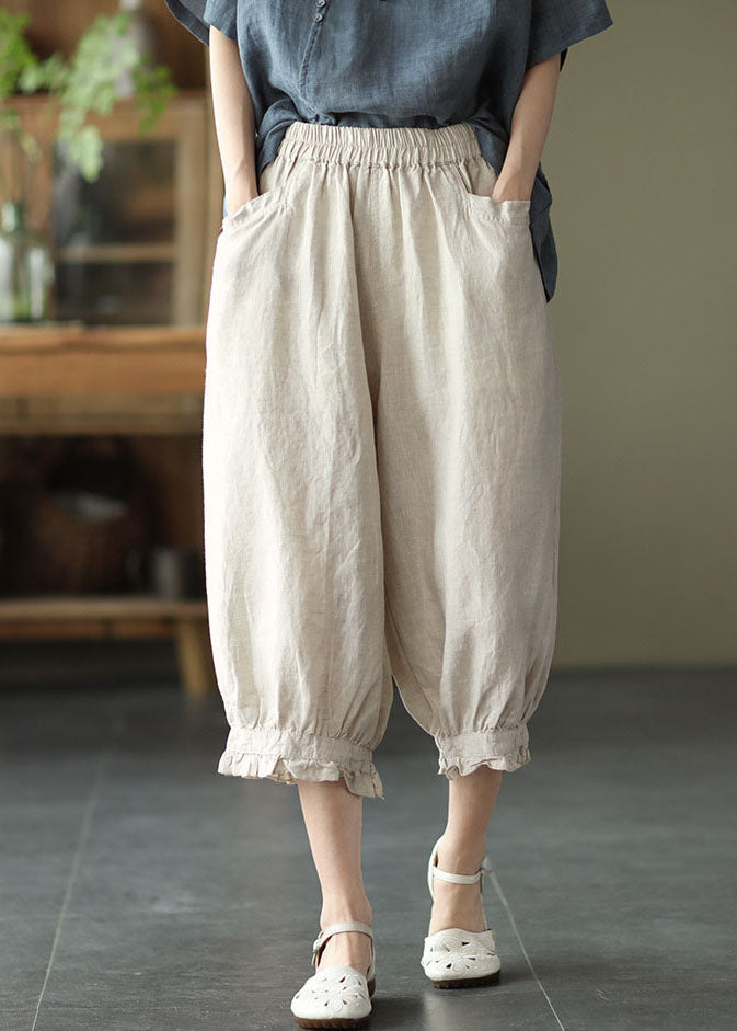 Black Pockets Elastic Waist Linen Crop Pants Summer