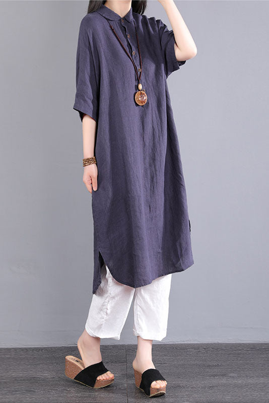 -summer Short-sleeved Long Shirt Color Cotton Linen Dress