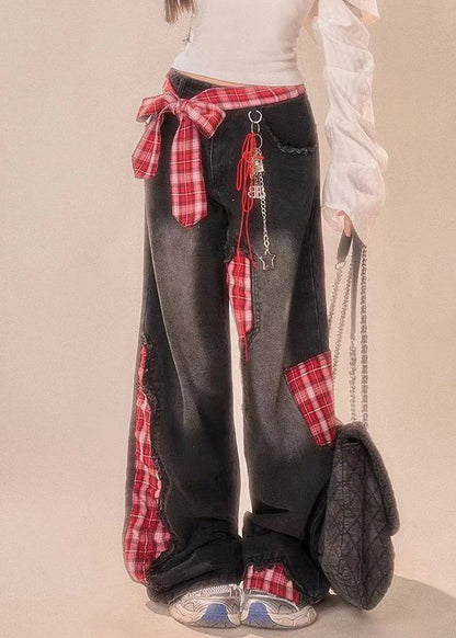 Black Bow Plaid Patchwork Denim Wide Leg Pants Summer