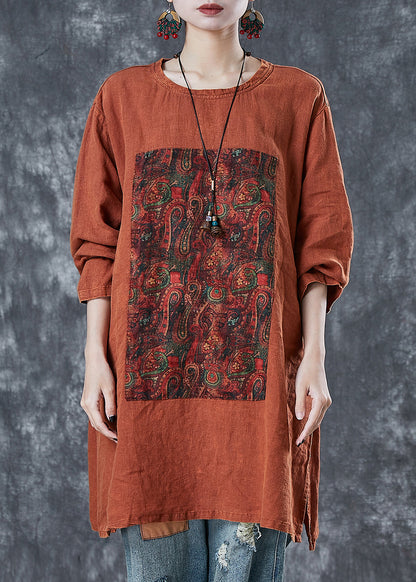 Orange Oversized Print Linen Sweatshirt Fall