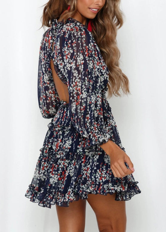 Classy Yellow Ruffled Puff Sleeve Print Chiffon Dresses