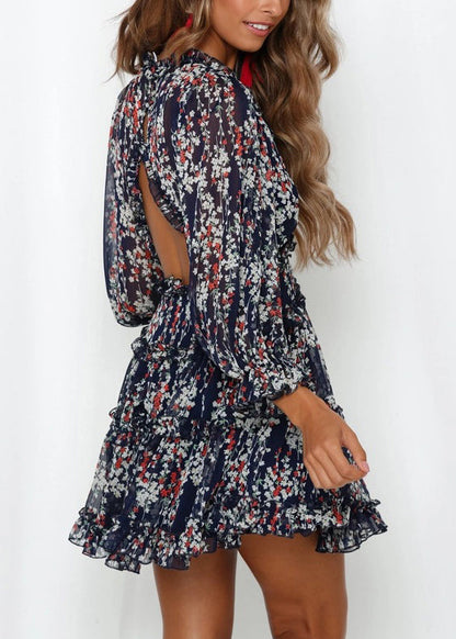Classy Yellow Ruffled Puff Sleeve Print Chiffon Dresses