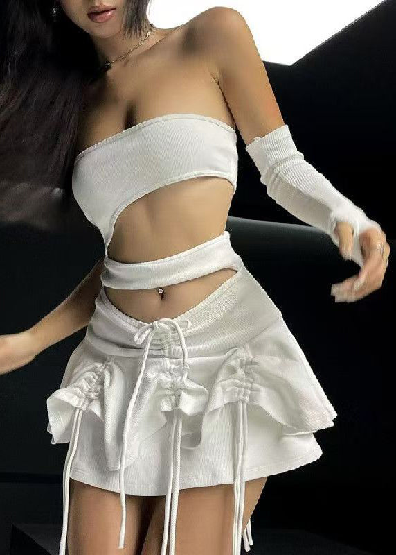 White Strapless Hollow Out Lace Up Mid Dress Summer