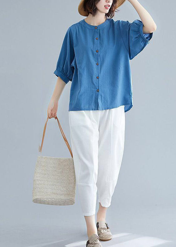 Navy O-neck Button Linen Blouses Half Sleeve