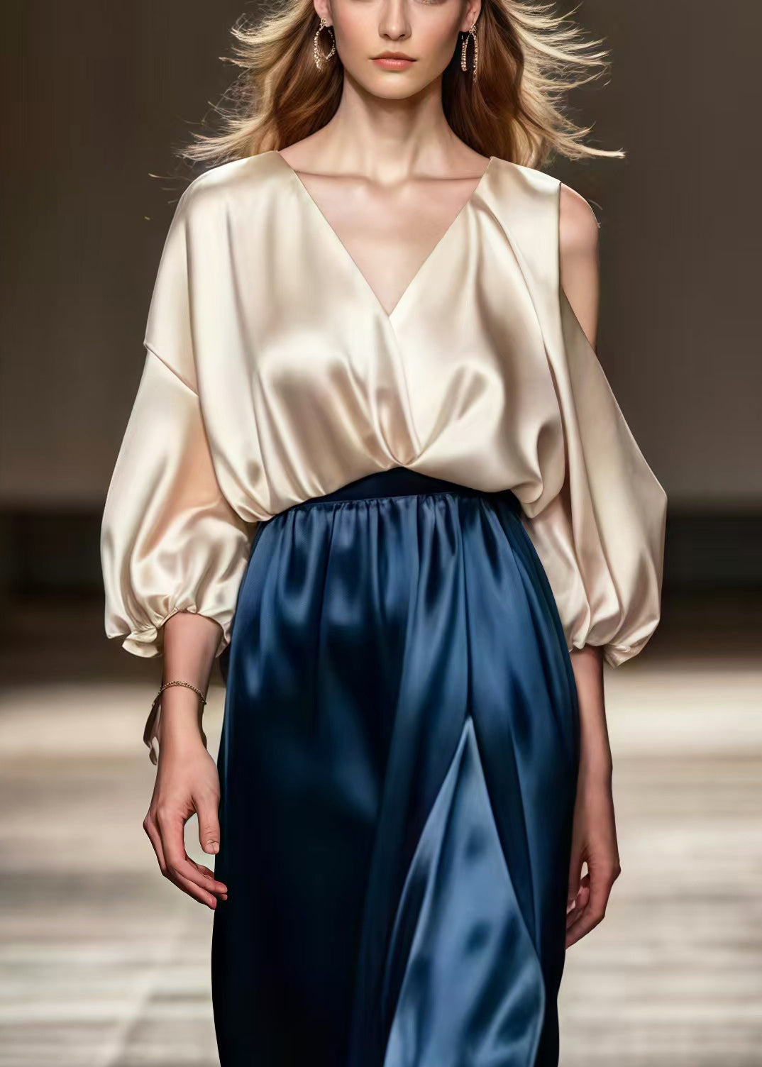 Champagne One Shoulder Patchwork Silk Dresses Spring