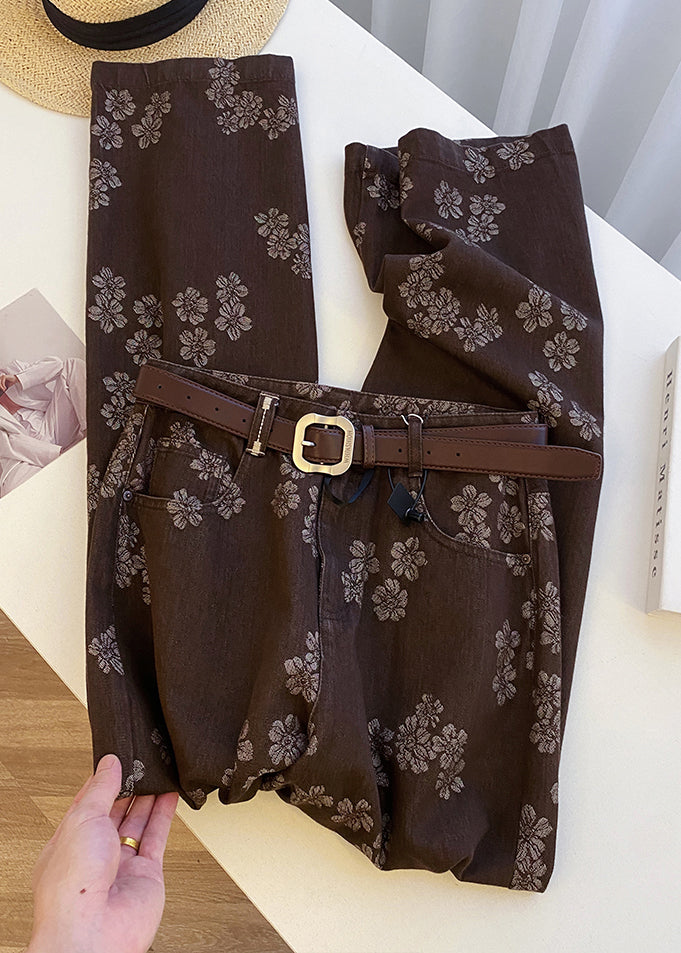 Coffee Print Pockets High Waist Denim Straight Pants Fall
