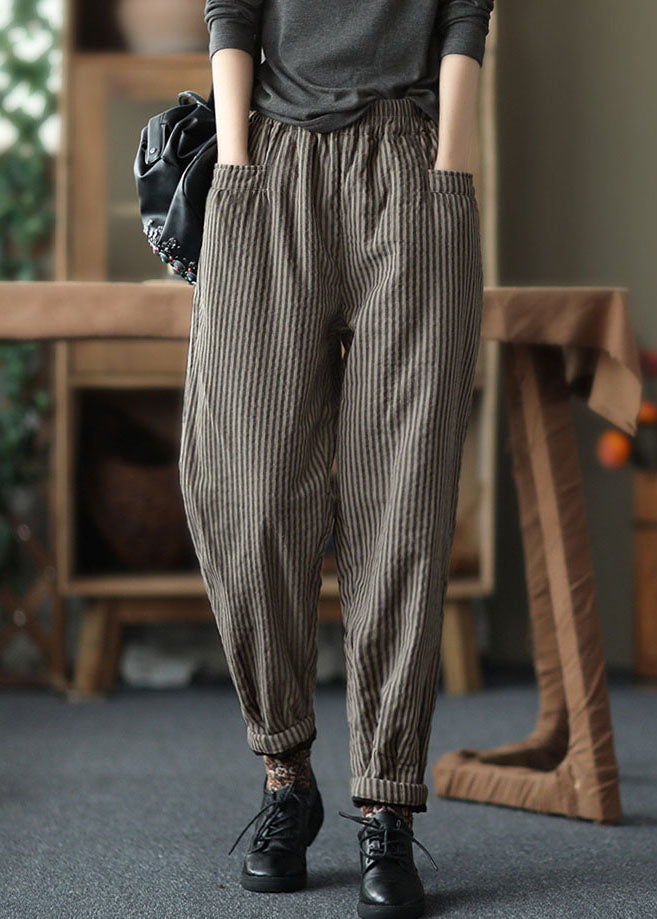 Chocolate Elastic Waist Striped Pockets Fine Cotton Filled Pants Winter