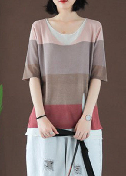 O-neck Striped Patchwork Ice Silk Top Short Sleeve