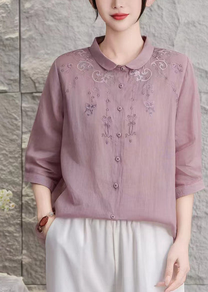 Loose Purple Peter Pan Collar Embroidered Linen Top Summer