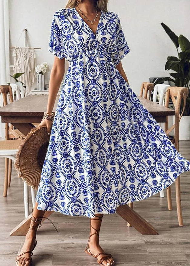 Blue V Neck Print Cotton Vacation Dresses Summer