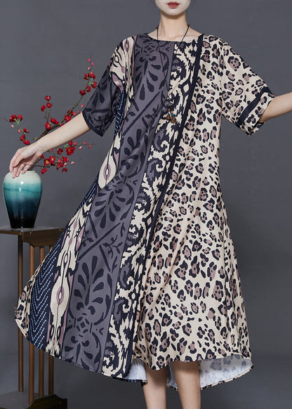 Khaki Oversized Leopard Print Silk Dress Summer